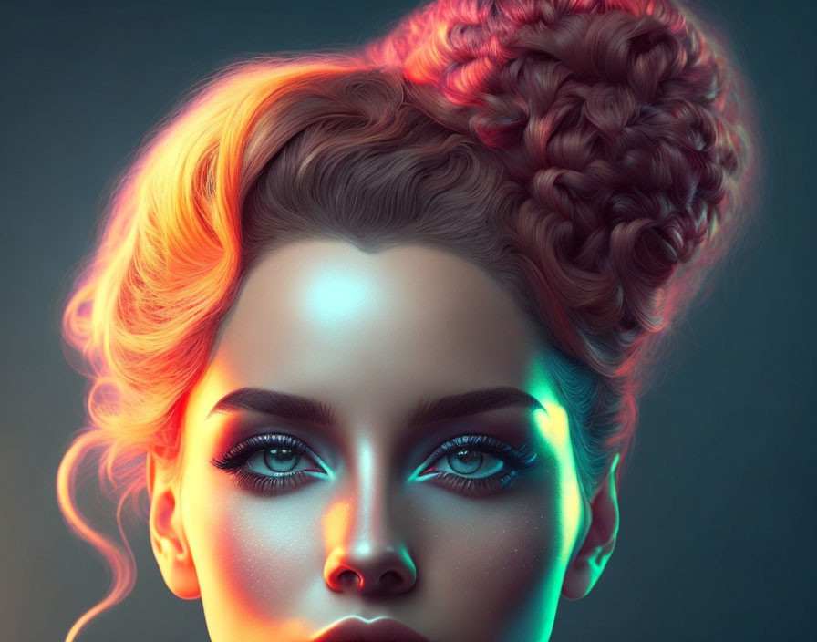 Detailed Hair Bun and Glowing Makeup in Neon Lights