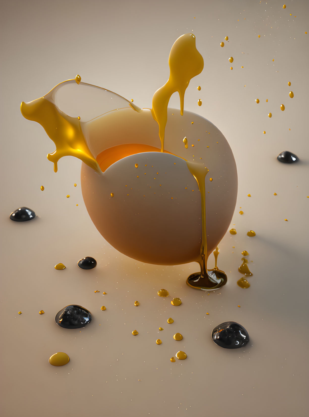 Orange sphere with golden liquid splash in 3D rendering