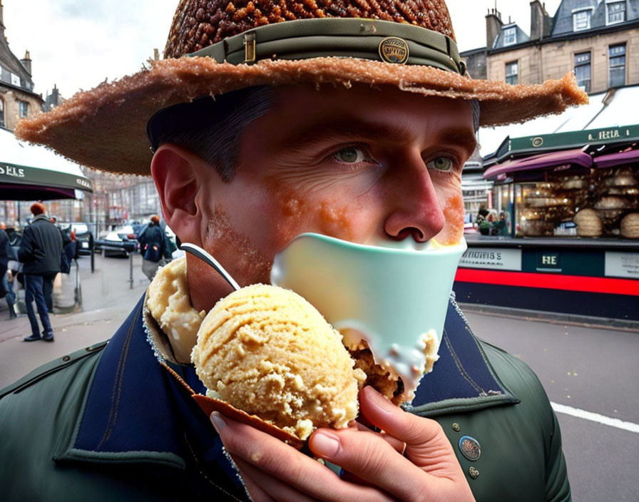 Man in Brimmed Hat Eating Ice Cream Cone in Cityscape