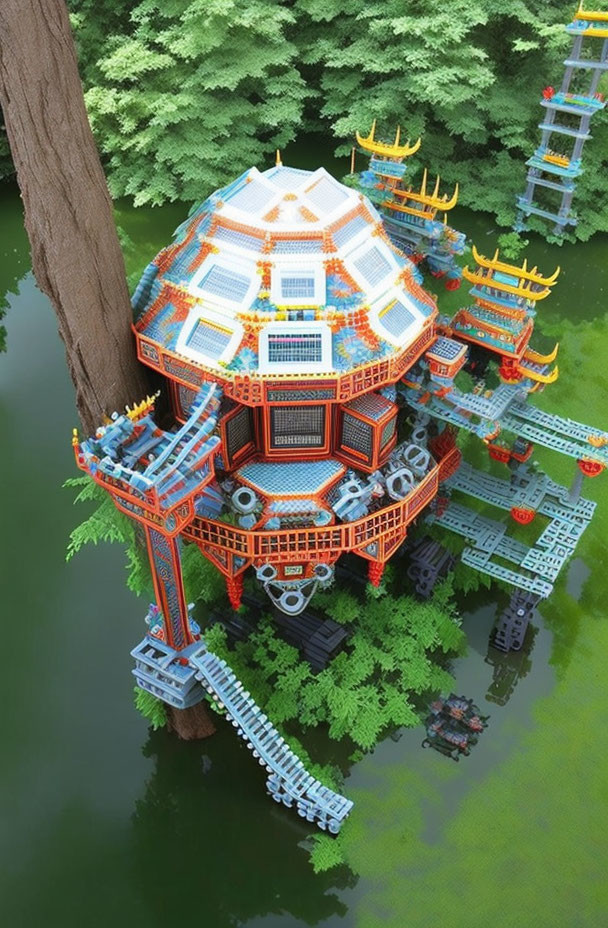 Traditional East Asian Pagoda LEGO Model with Orange and Blue Details