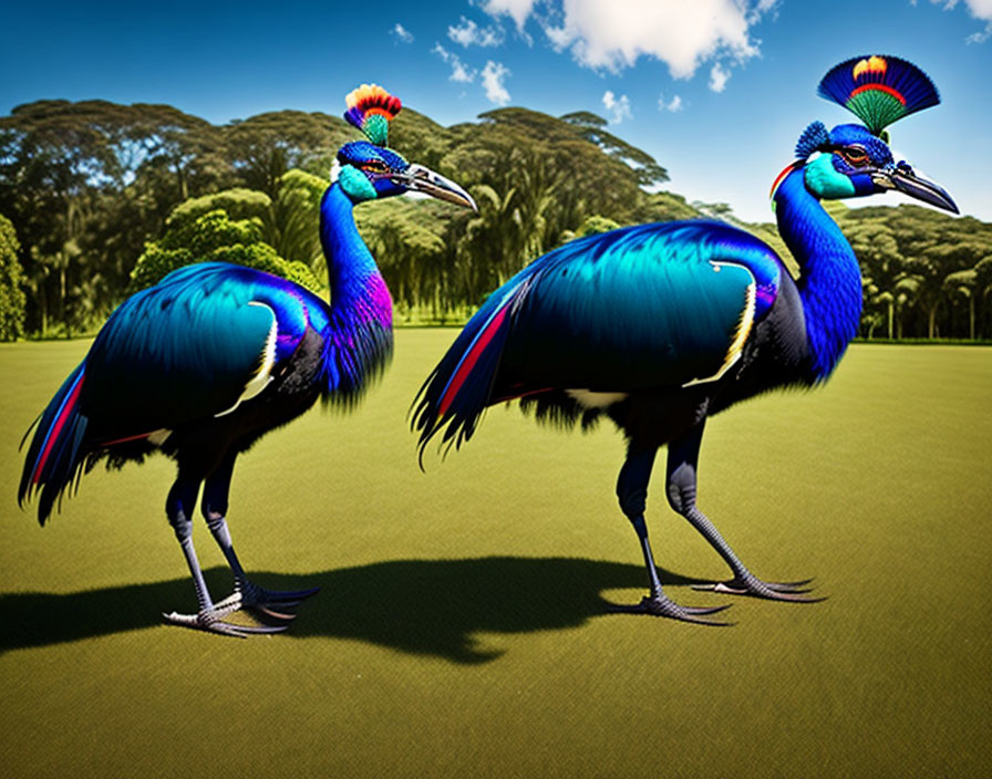 Vibrant blue-plumaged cassowaries with red necks in tropical setting