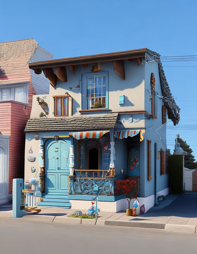 Two-story blue house next to pink house under clear sky