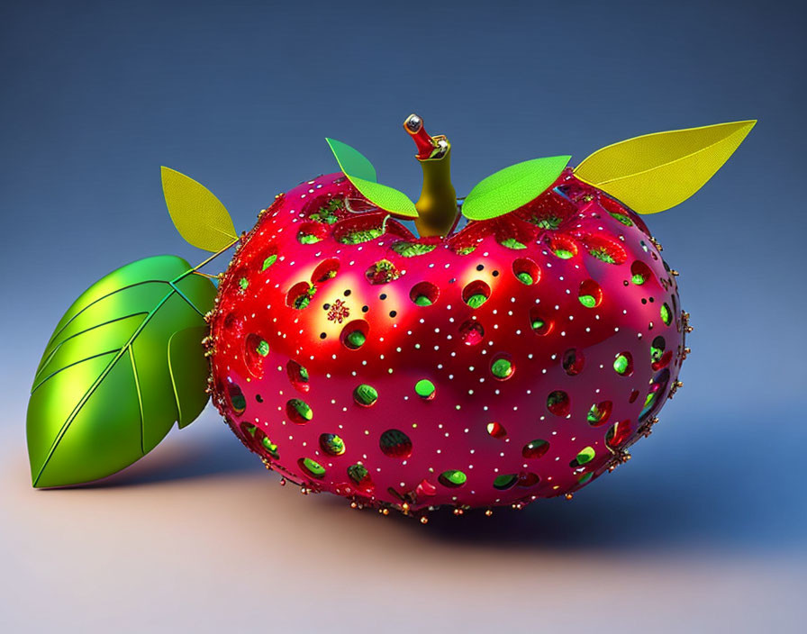 Digitally-rendered glossy strawberry with water droplets and green leaves on blue background