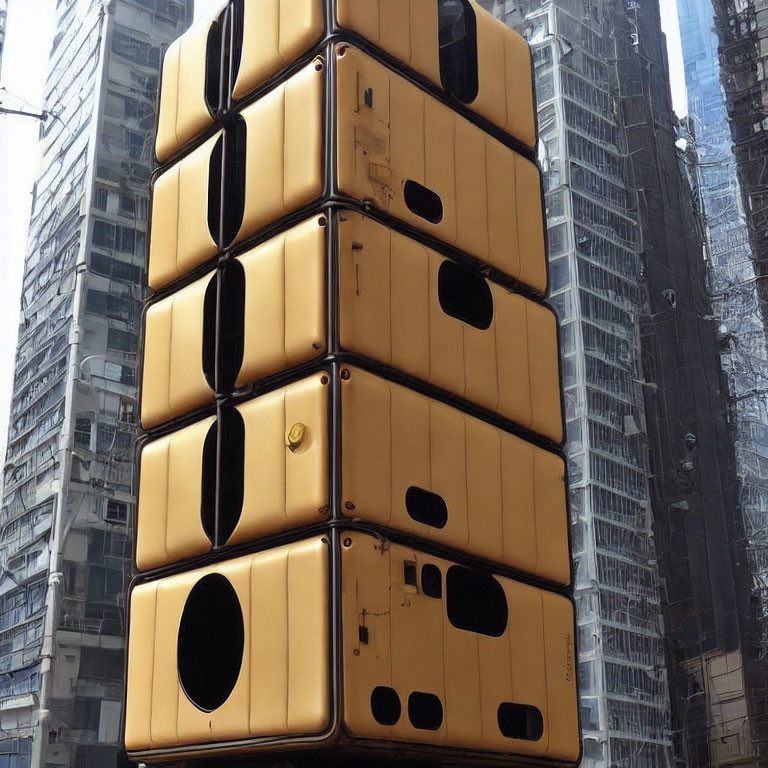 Stack of Large Yellow Containers Against Scaffolding-Clad High-Rises