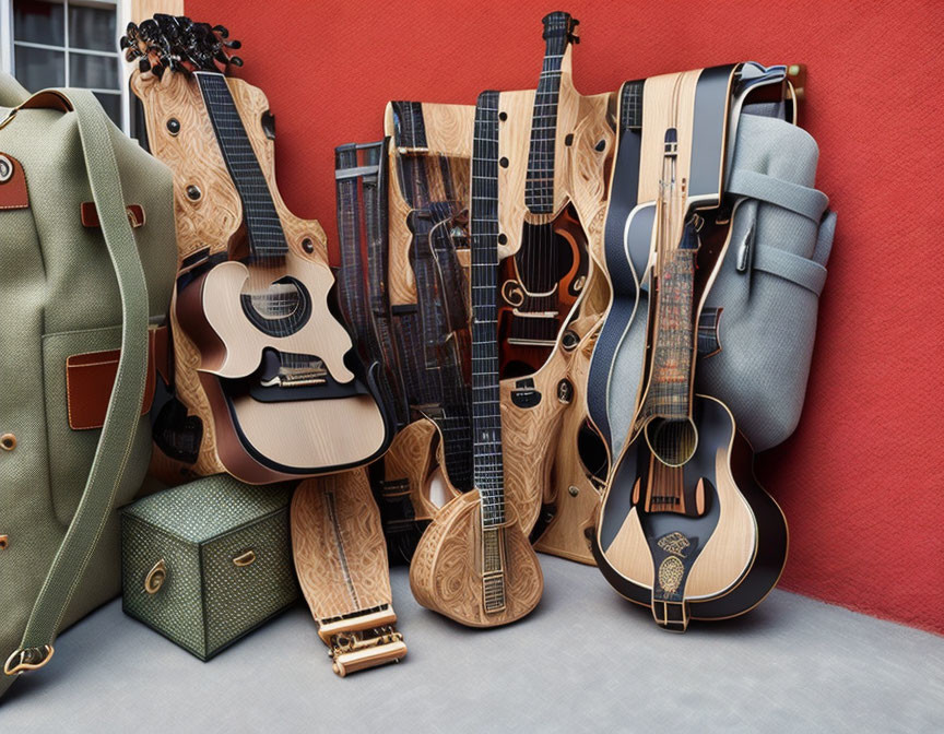 Stringed instruments and red backdrop with green bag and boxes