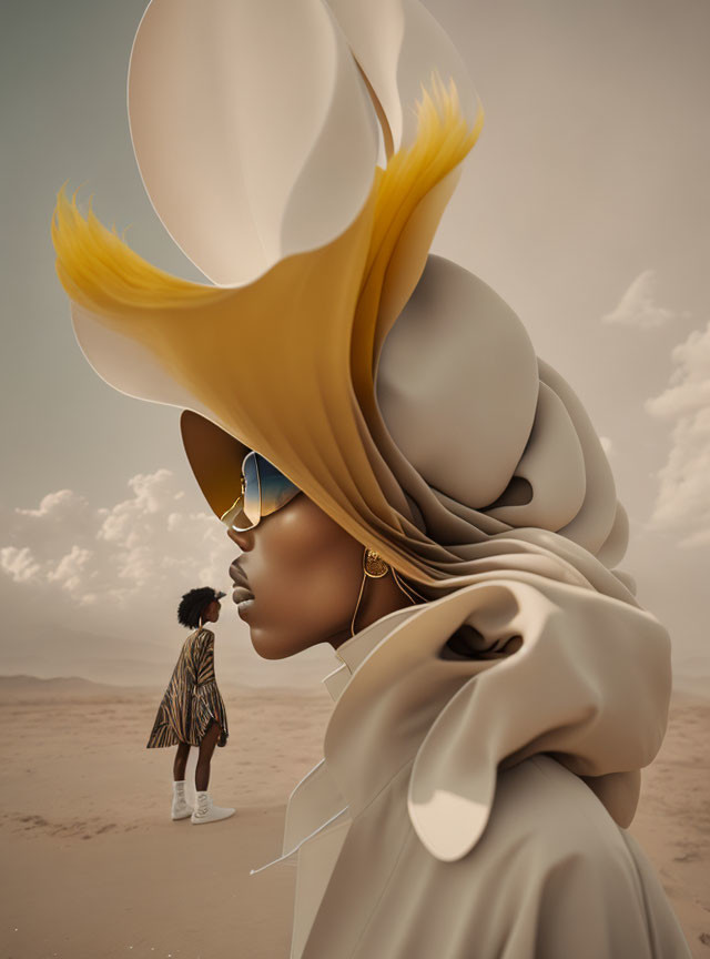 Stylized portrait featuring two figures in desert landscape