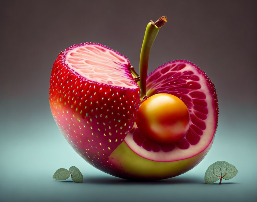 Artistic composition featuring apple, strawberry, citrus, cherry, and leaves fusion