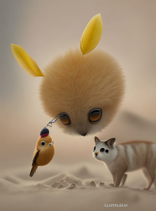 Fluffy creature and cat by sand dunes in whimsical illustration