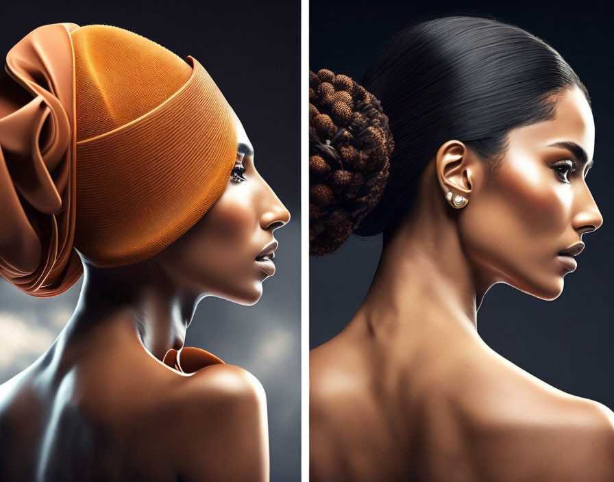 Dual portraits of women: one in terracotta head wrap, the other with sleek hair and bra