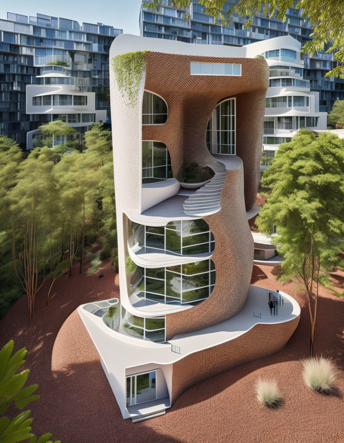 Curvilinear multi-story building with large glass windows in lush green setting