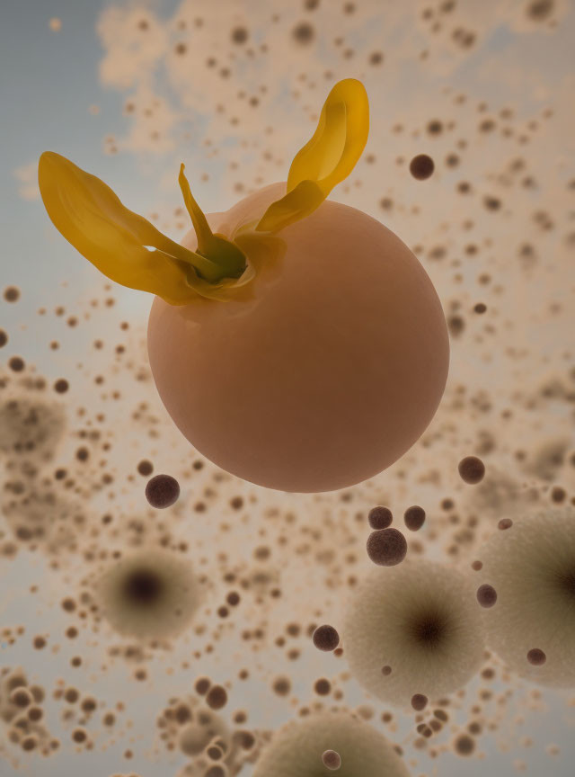 Translucent Sphere with Yellow Protrusions Among Brown and Tan Orbs