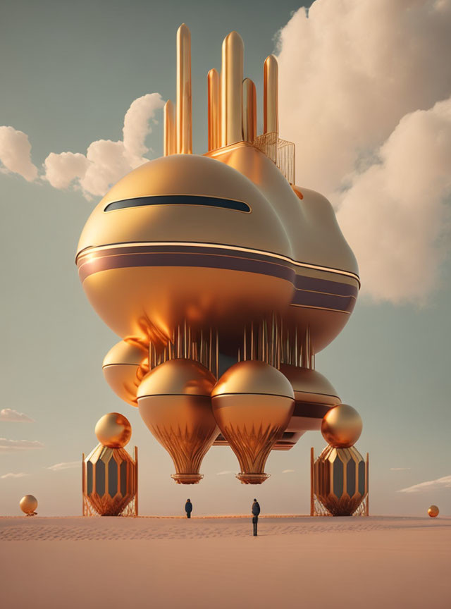 Golden airship hovers over desert with observers and orbs