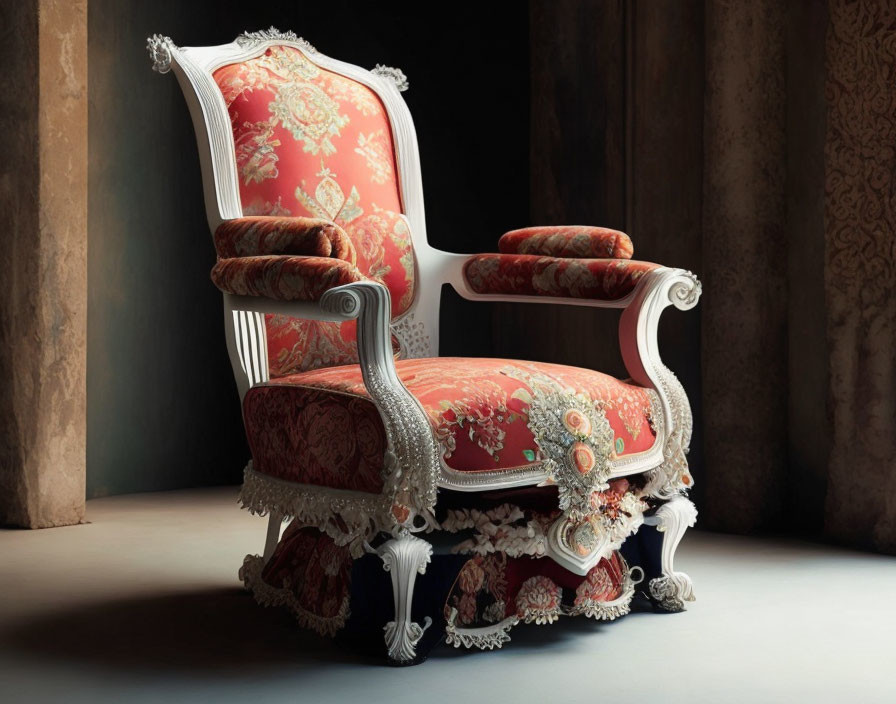 Vintage Armchair with Red Floral Upholstery on White Carved Frame