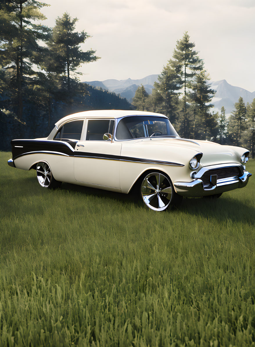 Vintage Two-Tone Car Parked in Scenic Nature Setting