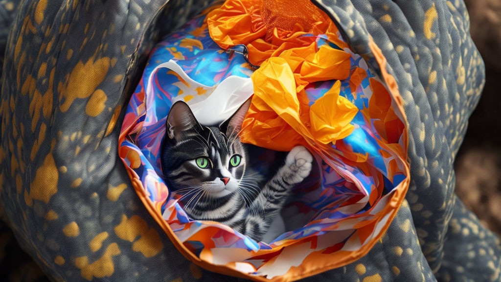 Playful Cat Inside Colorful Toy Tunnel with Orange and White Paper