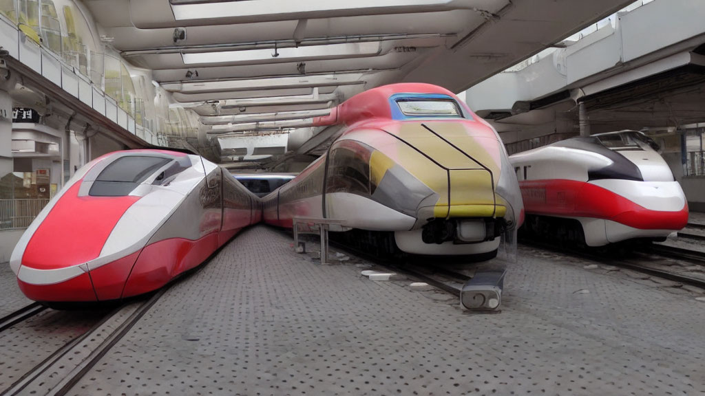 Modern high-speed trains with sleek designs and colorful liveries