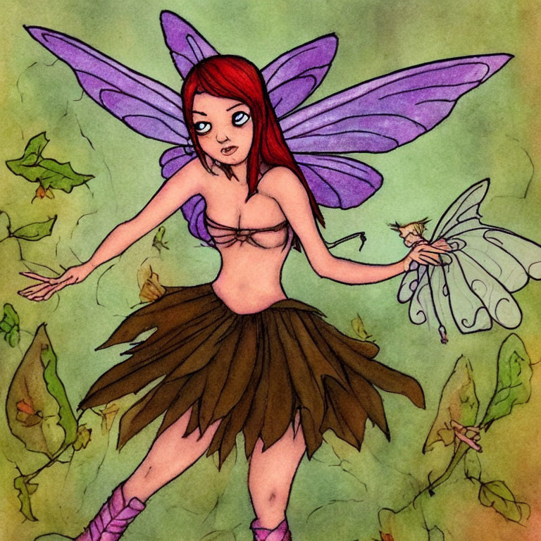 Fairy with Red Hair, Purple Wings, Brown Leaf Skirt surrounded by Green Leaves