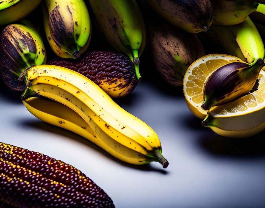 Colorful still life of bananas, figs, and lemon slice on shaded background