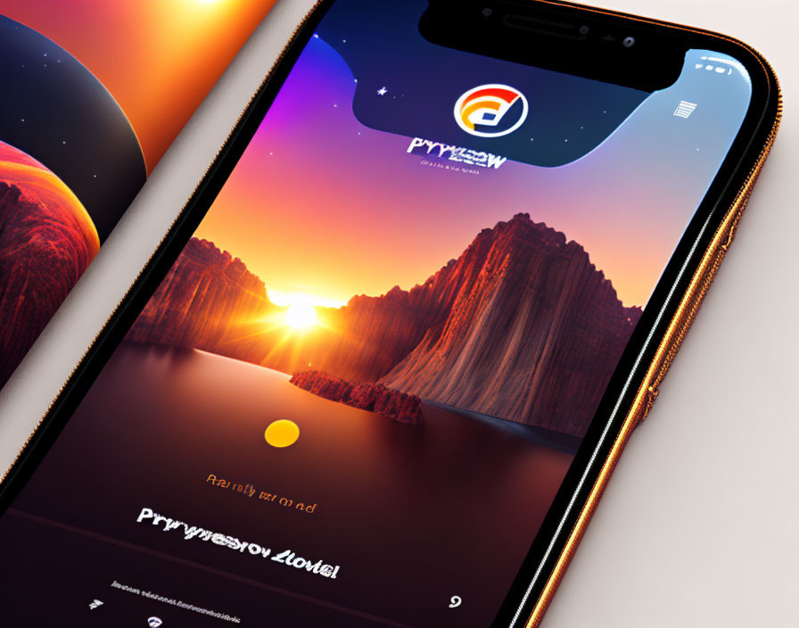 Smartphone displaying vivid sunset wallpaper with rocky terrain and reflection.