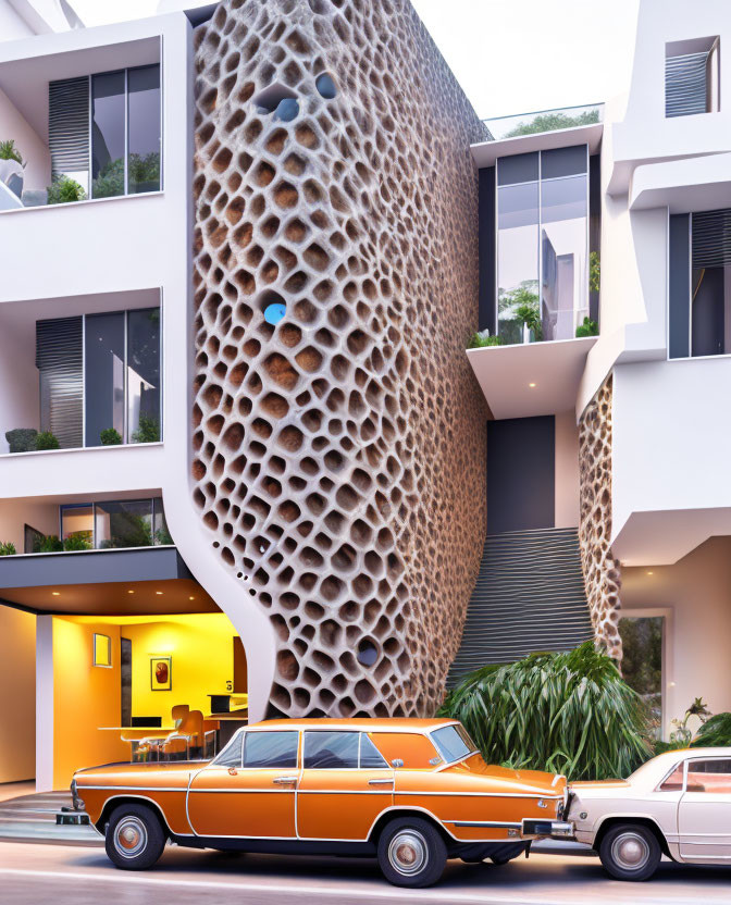 Vintage orange car parked in front of modern building with unique honeycomb facade.