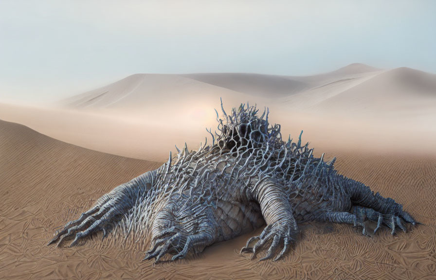 Fantasy lizard creature in desert with dunes, intricate skin textures.