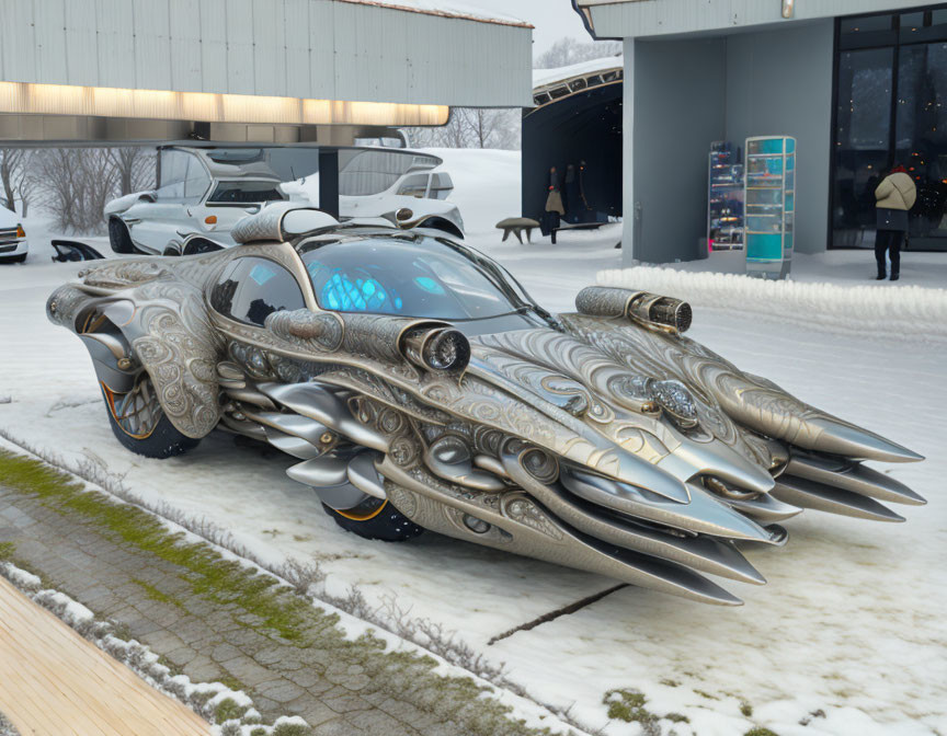 Futuristic vehicle with intricate designs parked in snow near building