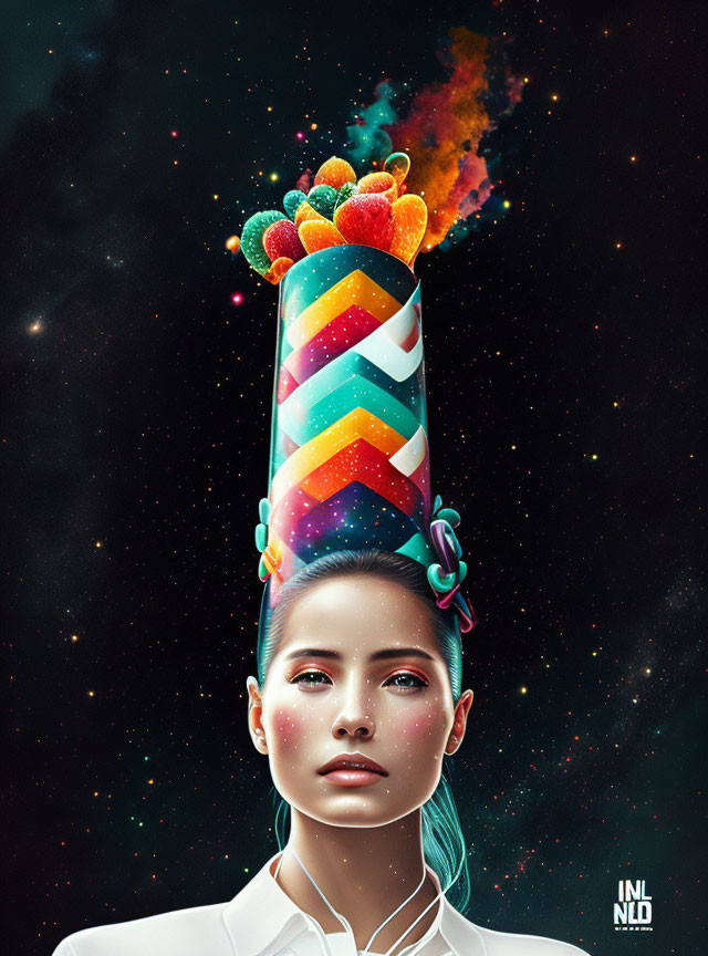 Colorful digital artwork: Woman with tall ice cream cone headdress in space