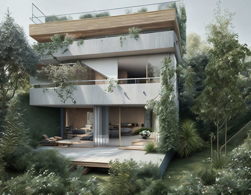 Spacious multi-story house with balconies, rooftop garden, and green surroundings.