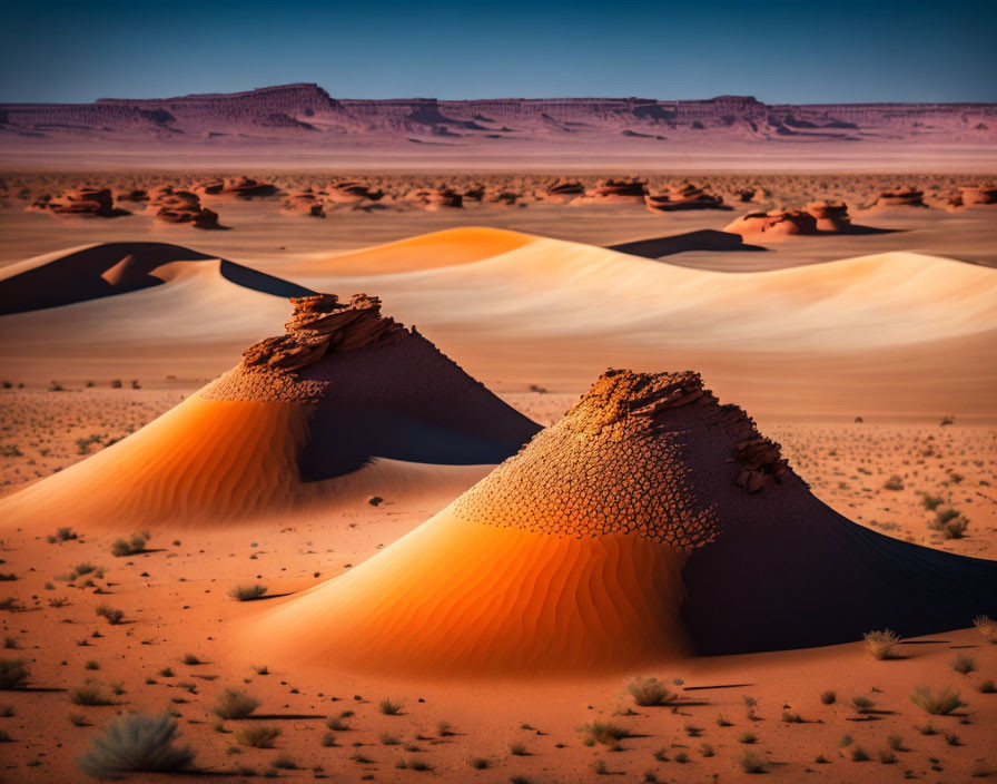 Vivid orange sand dunes and hazy mountain under blue sky at dusk