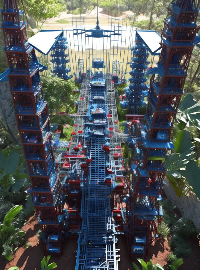 Elaborate Outdoor Roller Coaster with Blue Tracks and Red Cars