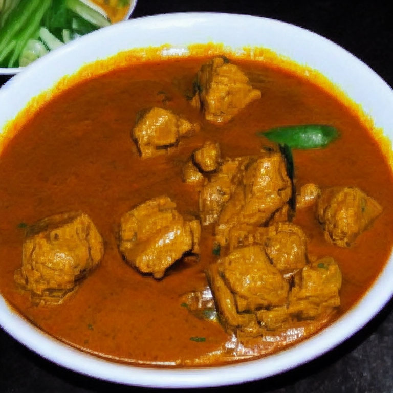 Spicy Indian curry bowl with meat chunks and green chili pepper