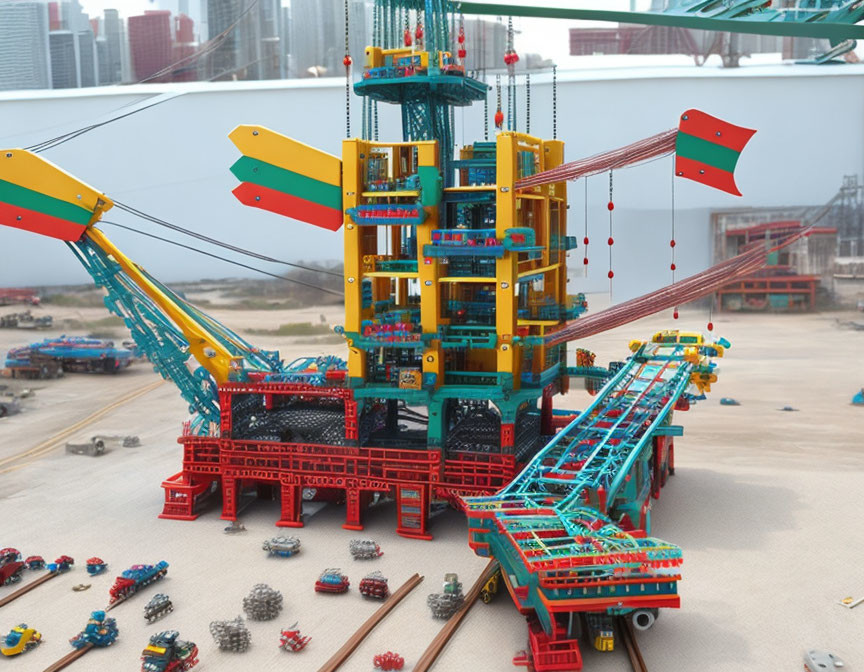 Colorful Lego oil platform model with cranes and vehicles in outdoor display