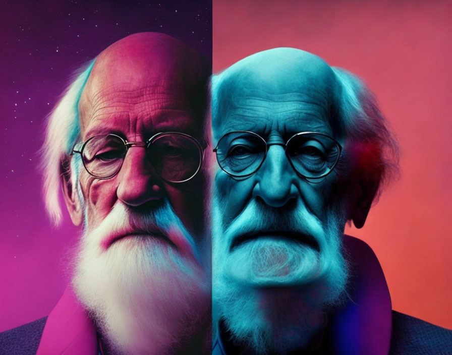 Elderly Men with Facial Hair and Glasses on Cosmic Pink and Blue Background