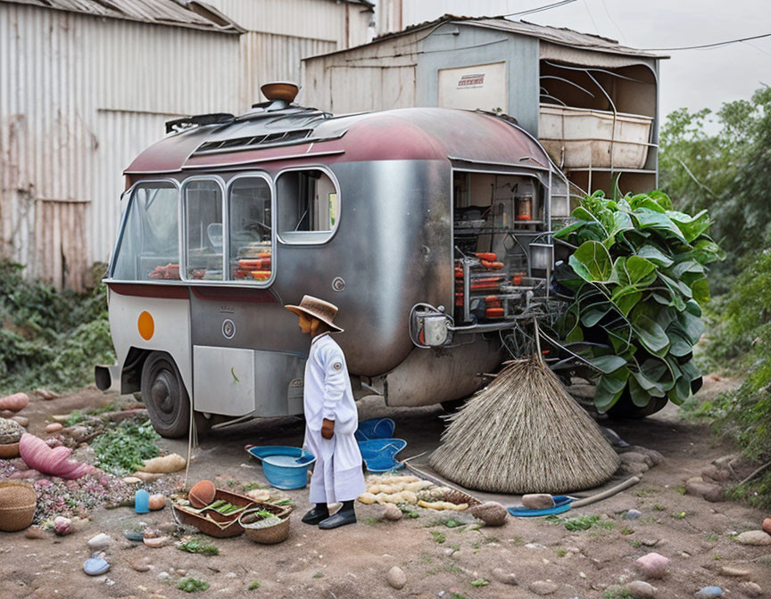 Person in white outfit by retro-futuristic food truck in rustic setting