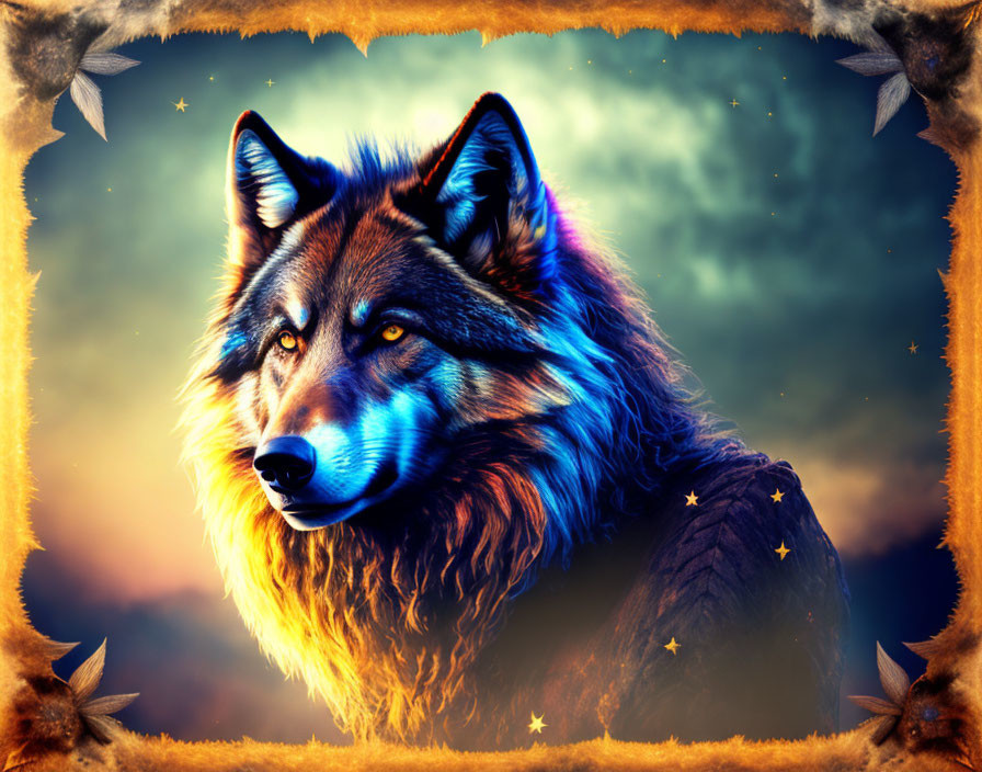 Colorful Wolf Artwork with Cosmic Background and Star Accents