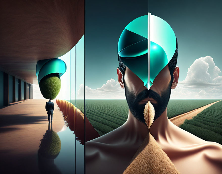 Surreal artwork: Man with split head, floating orb, varied landscapes.