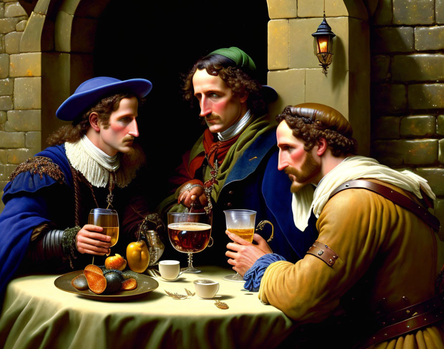 Men in historical clothing having a serious conversation at a table with drinks and fruit in a stone structure.