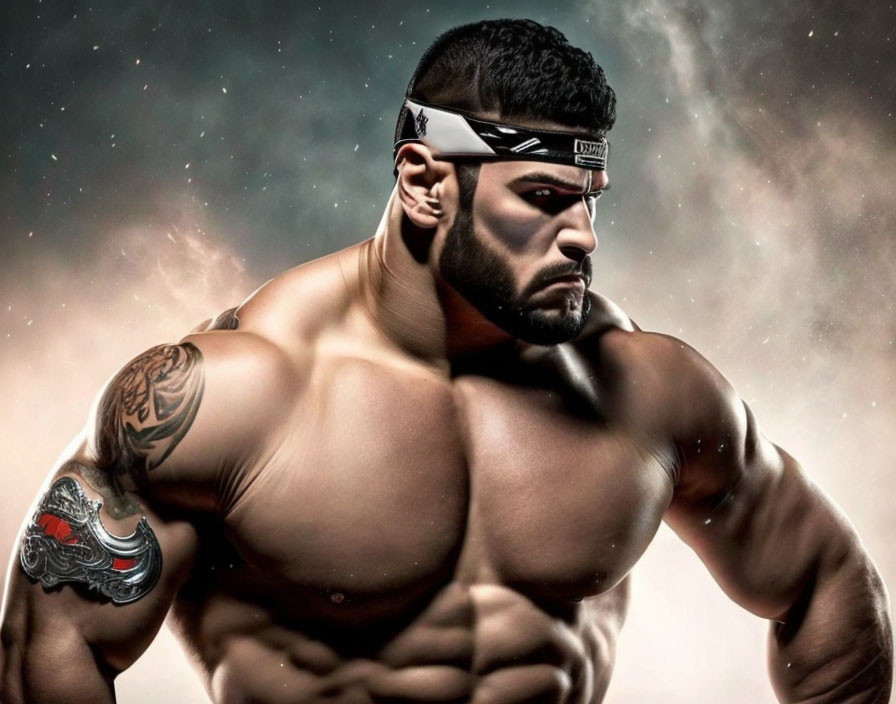 Muscular person with headband and arm tattoo in dramatic cloudy setting