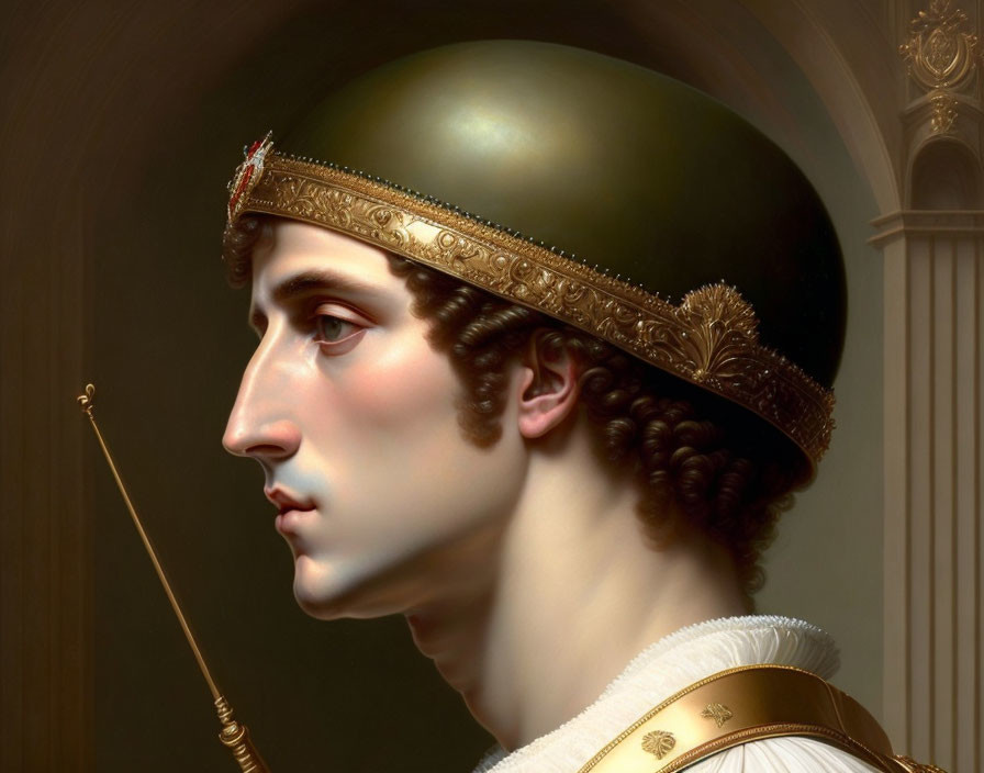 Young man in profile with laurel-trimmed helmet and robes