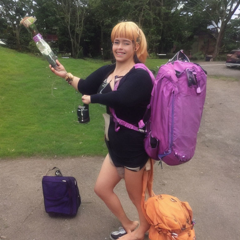 Blonde Wig Person with Green Bottle and Colorful Backpacks Outdoors