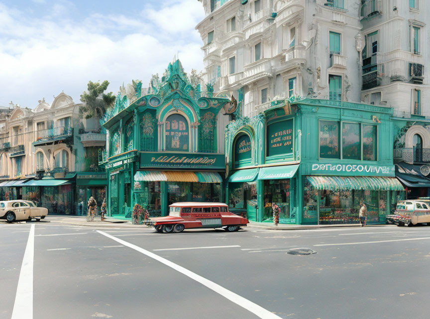 Classic cars and ornate green storefront in vintage street scene