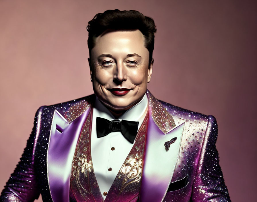 Glittery tuxedo with purple accents on person in slicked-back hair portrait