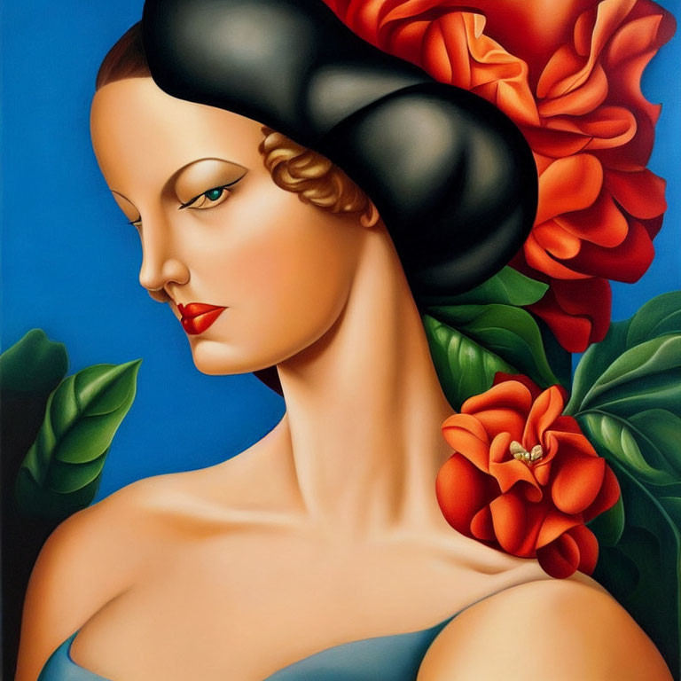 Stylized painting of woman in black hat with red flowers, bold colors & smooth lines