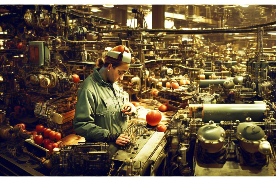 Worker in overalls inspects machinery among metallic pipes in industrial setting