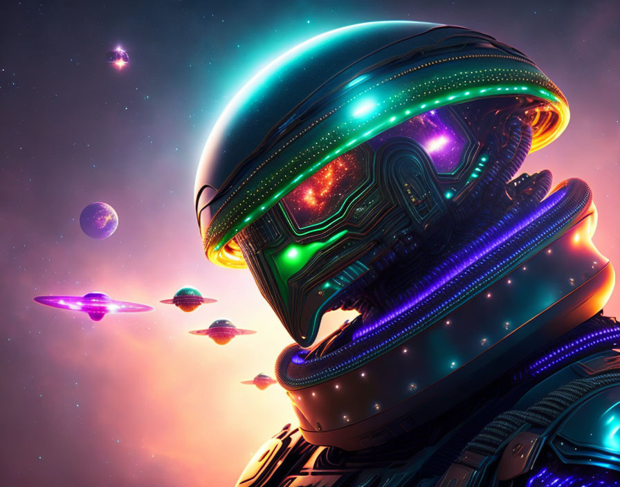 Colorful Space Scene: Astronaut with Illuminated Helmet and Nebulae