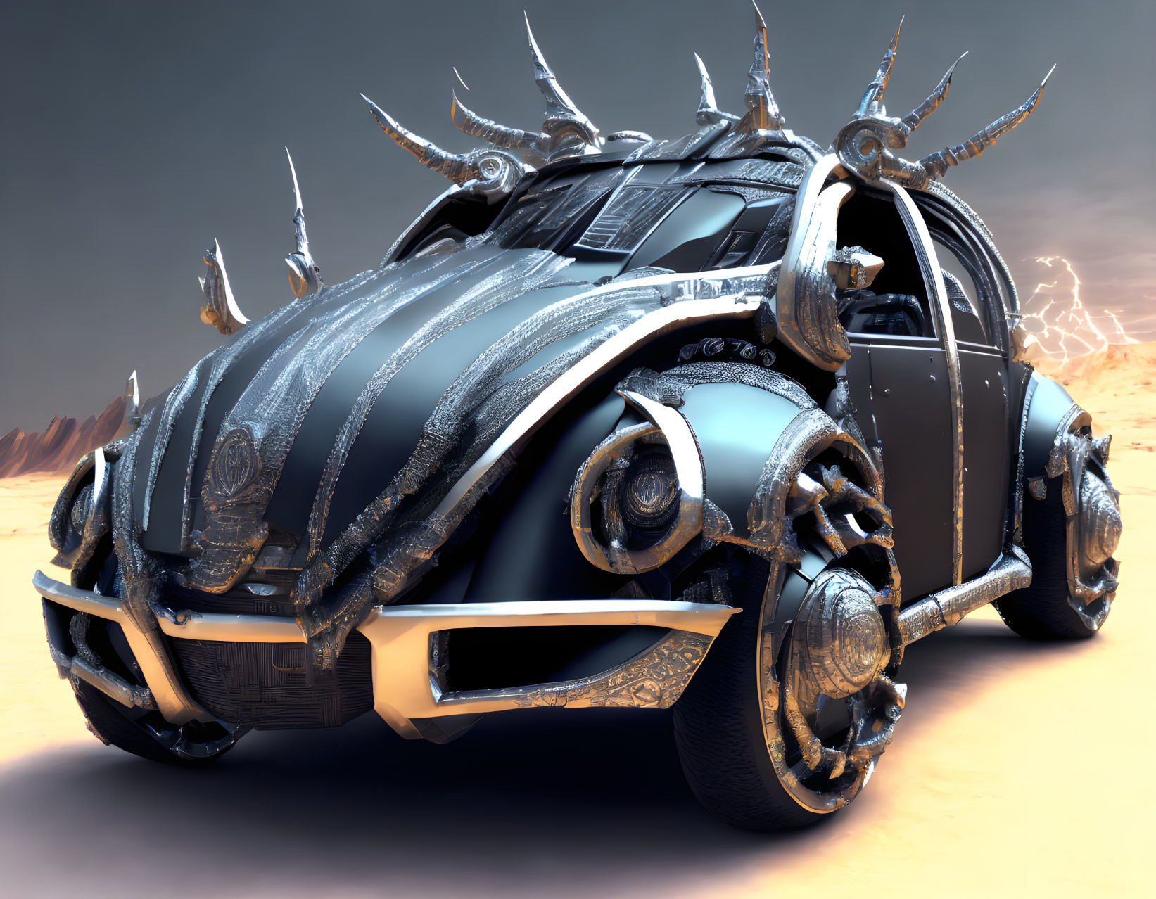 Futuristic beetle-shaped car with metallic spikes in desert storm