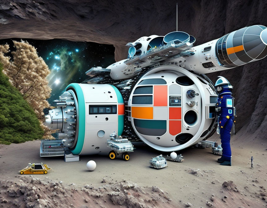 Futuristic lunar base with astronaut, spacecraft, rovers, and tree on moon's surface