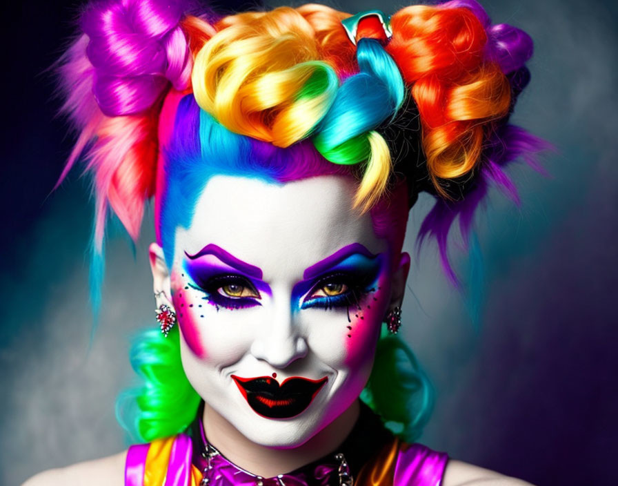 Vivid rainbow-colored hair in buns with dramatic makeup on smoky background