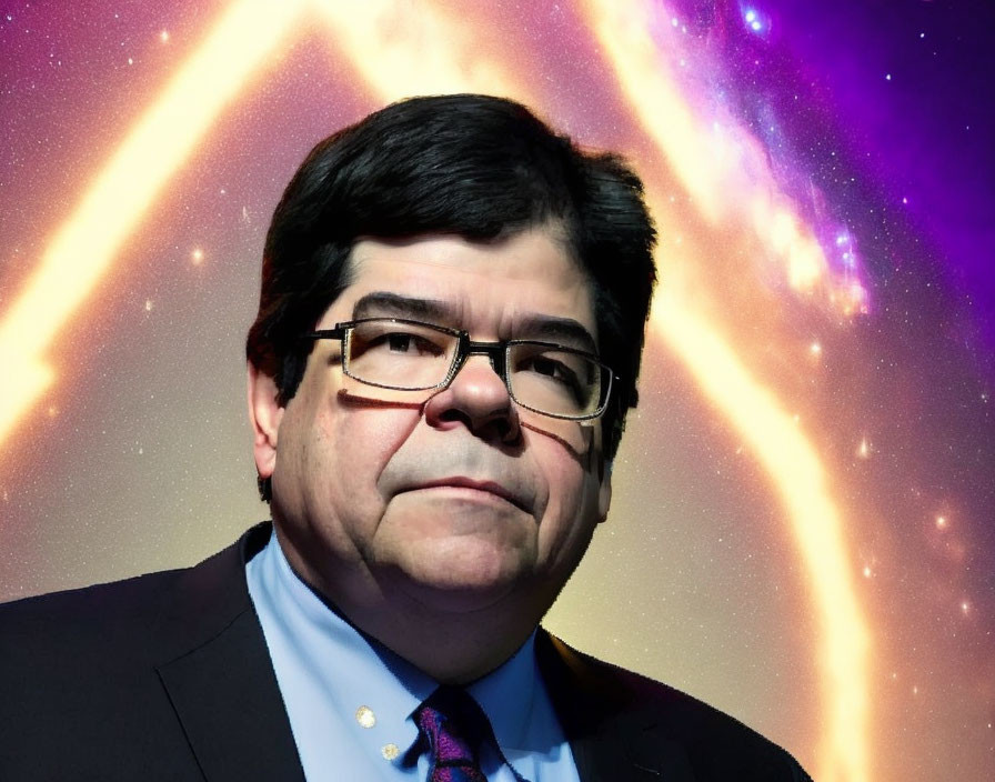 Man in Glasses Wearing Suit with Space and Stars Background