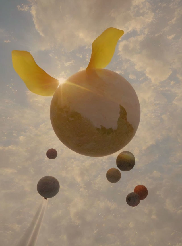 Surreal artwork featuring lemon-like planet with wings in cloudy sky